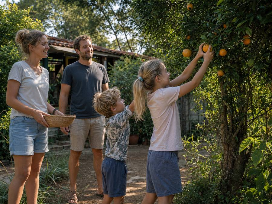 Gezin plukt mandarijnen in de tuin in San Bernardino