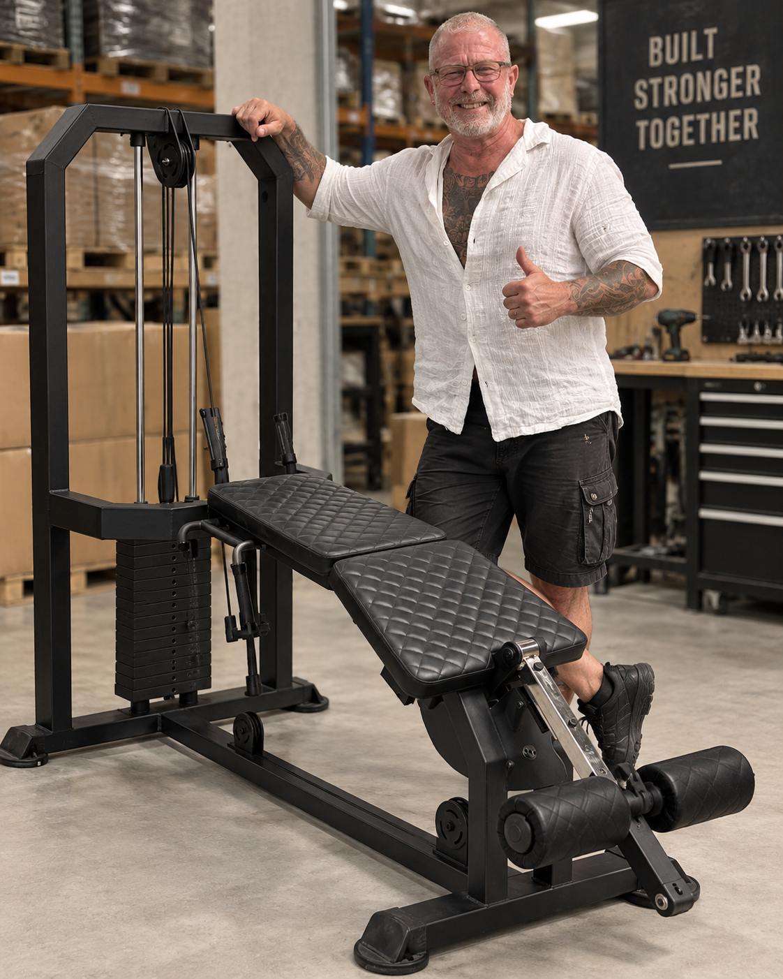 James bij zijn fitnessapparatuur